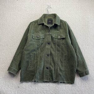 Zara Jacket Military Green Corduroy Overshirt Shacket Button Front Raw Hem Read